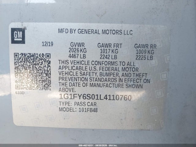 46216331 :رقم المزاد ، 1G1FY6S01L4110760 vin ، 2020 Chevrolet Bolt Ev Fwd Lt مزاد بيع
