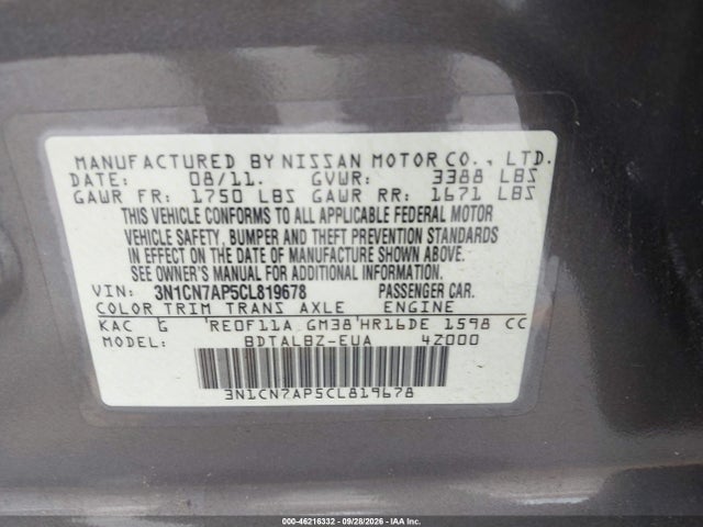 46216332 :رقم المزاد ، 3N1CN7AP5CL819678 vin ، 2012 Nissan Versa 1.6 Sv مزاد بيع