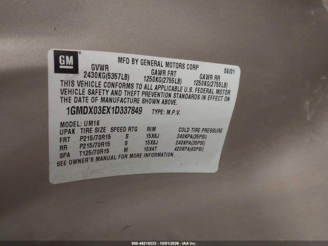 Aukcja sprzedaży 2001 Pontiac Montana M16 W/1sg Pkg., vin: 1GMDX03EX1D337849, numer aukcji: 46216333
