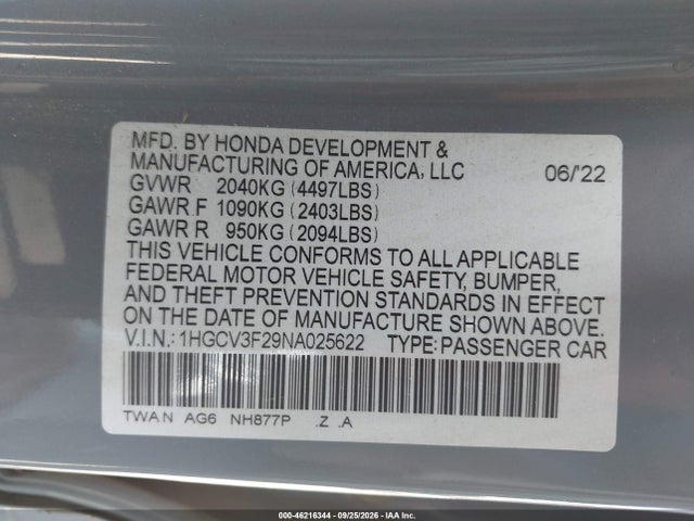 46216344 :رقم المزاد ، 1HGCV3F29NA025622 vin ، 2022 Honda Accord Hybrid Sport مزاد بيع