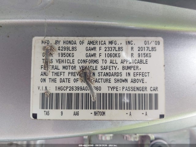 Продажа на аукционе авто 2009 Honda Accord 2.4 Lx, vin: 1HGCP26399A093860, номер лота: 46216349