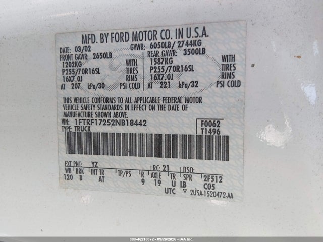 2002 Ford F-150 Xl/xlt მანქანა იყიდება აუქციონზე, vin: 1FTRF17252NB18442, აუქციონის ნომერი: 46216372
