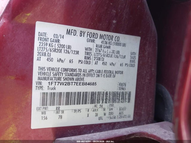 46216391 :رقم المزاد ، 1FT7W2BT7EEB84685 vin ، 2014 Ford F-250 Lariat مزاد بيع