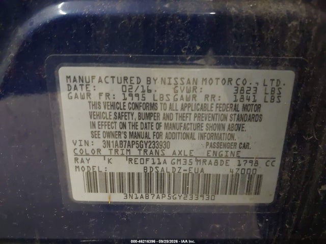 46216396 :رقم المزاد ، 3N1AB7AP5GY233930 vin ، 2016 Nissan Sentra Fe+ S/s/sl/sr/sv مزاد بيع