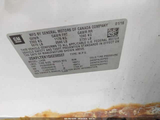 Aukcja sprzedaży 2016 Gmc Terrain Sle-2, vin: 2GKFLTEK1G6238507, numer aukcji: 46216398