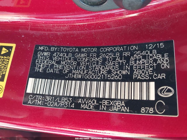 Aukcja sprzedaży 2016 Lexus Es 300h, vin: JTHBW1GG0G2115260, numer aukcji: 46216405