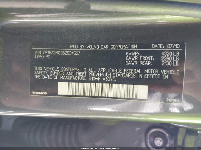 46216410 :رقم المزاد ، YV1672MS3B2534527 vin ، 2011 Volvo S40 T5/t5 R-design مزاد بيع