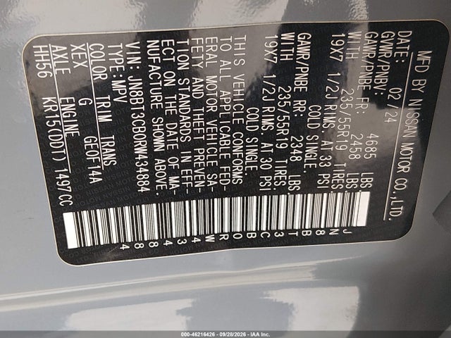 46216426 :رقم المزاد ، JN8BT3CB0RW434884 vin ، 2024 Nissan Rogue Sl Intelligent Awd مزاد بيع