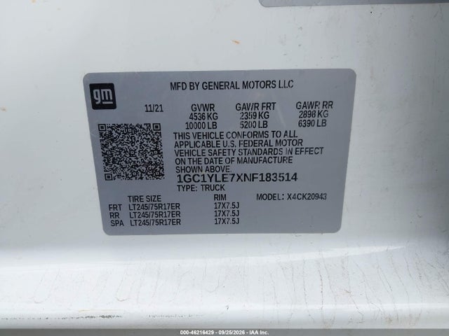 Продаж на аукціоні авто 2022 Chevrolet Silverado 2500hd, vin: 1GC1YLE7XNF183514, номер лоту: 46216429