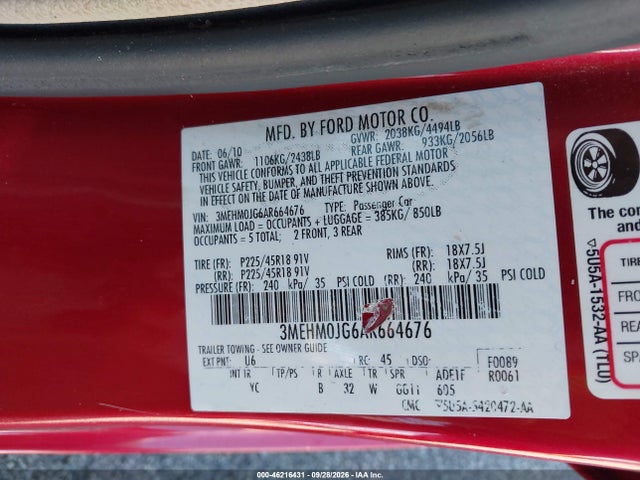 Продаж на аукціоні авто 2010 Mercury Milan Premier, vin: 3MEHM0JG6AR664676, номер лоту: 46216431
