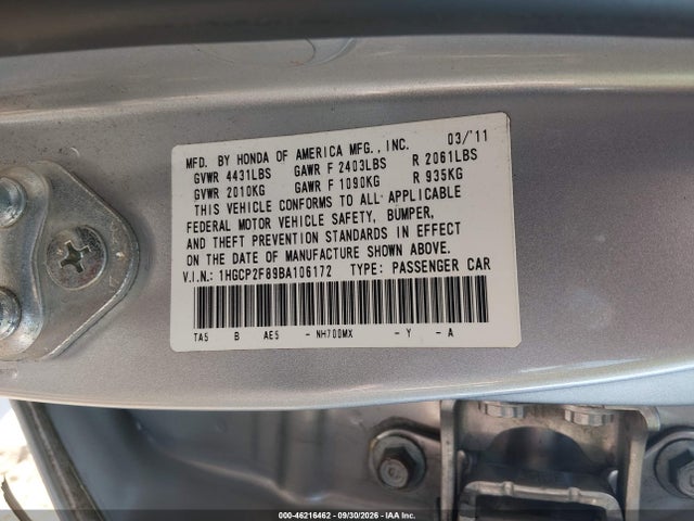 Продаж на аукціоні авто 2011 Honda Accord 2.4 Ex-l, vin: 1HGCP2F89BA106172, номер лоту: 46216462