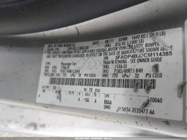 46216465 :رقم المزاد ، 3FADP4BJ9CM114385 vin ، 2012 Ford Fiesta Se مزاد بيع
