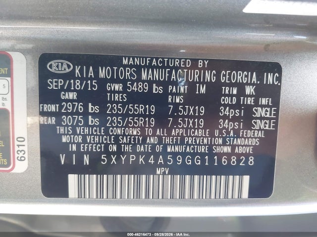 2016 Kia Sorento 3.3l Sx მანქანა იყიდება აუქციონზე, vin: 5XYPK4A59GG116828, აუქციონის ნომერი: 46216473