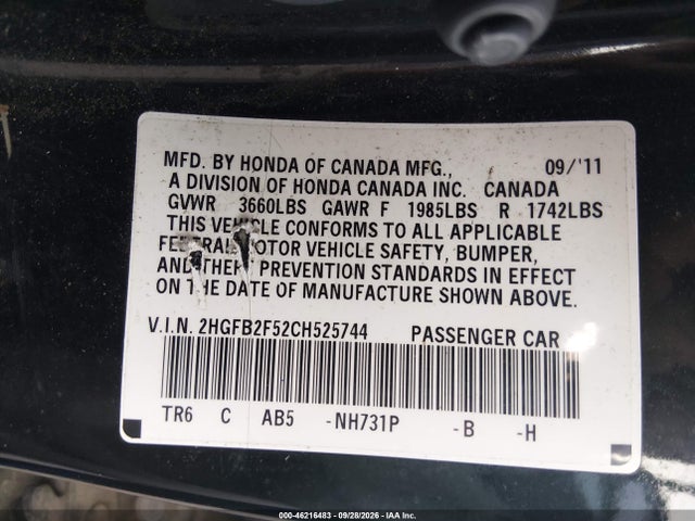 Продаж на аукціоні авто 2012 Honda Civic Lx, vin: 2HGFB2F52CH525744, номер лоту: 46216483