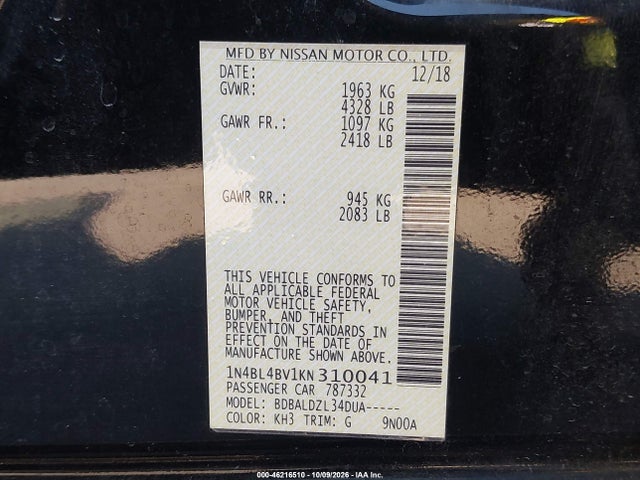 46216510 :رقم المزاد ، 1N4BL4BV1KN310041 vin ، 2019 Nissan Altima 2.5 S مزاد بيع