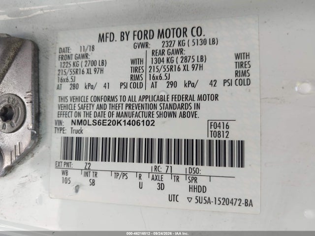 Продаж на аукціоні авто 2019 Ford Transit Connect Xl, vin: NM0LS6E20K1406102, номер лоту: 46216512