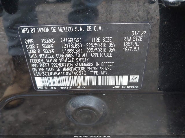 2022 Honda Hr-v Awd Sport მანქანა იყიდება აუქციონზე, vin: 3CZRU6H10NM746572, აუქციონის ნომერი: 46216511