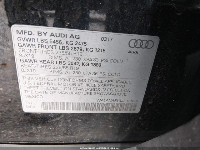 46216520 :رقم المزاد ، WA1ANAFY4J2011091 vin ، 2018 Audi Q5 2.0t Premium/2.0t Tech Premium مزاد بيع