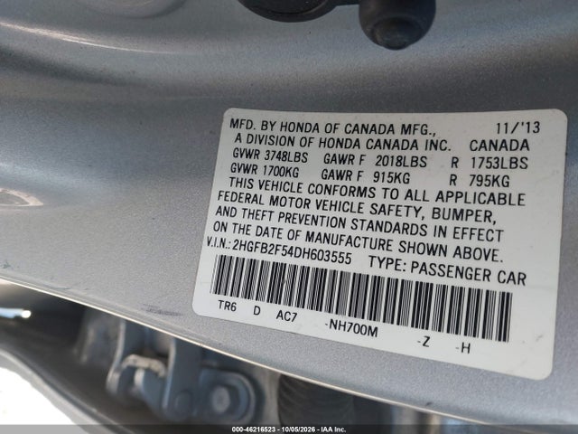 Aukcja sprzedaży 2013 Honda Civic Lx, vin: 2HGFB2F54DH603555, numer aukcji: 46216523