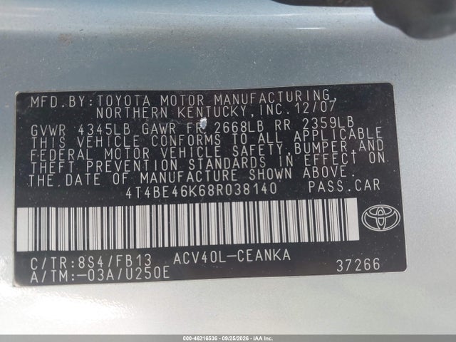 2008 Toyota Camry Le მანქანა იყიდება აუქციონზე, vin: 4T4BE46K68R038140, აუქციონის ნომერი: 46216536
