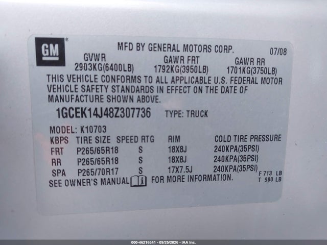 2008 Chevrolet Silverado 1500 Lt1 მანქანა იყიდება აუქციონზე, vin: 1GCEK14J48Z307736, აუქციონის ნომერი: 46216541