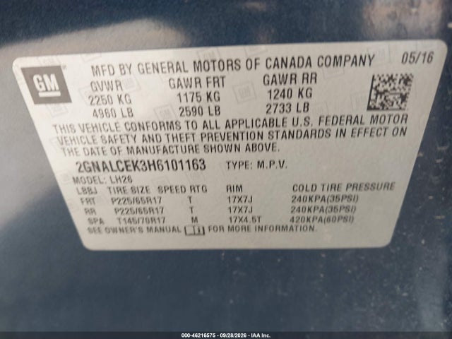 46216575 :رقم المزاد ، 2GNALCEK3H6101163 vin ، 2017 Chevrolet Equinox Lt مزاد بيع