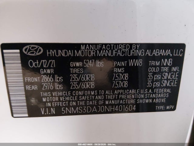 Продаж на аукціоні авто 2022 Hyundai Santa Fe Sel, vin: 5NMS3DAJ0NH401604, номер лоту: 46216600
