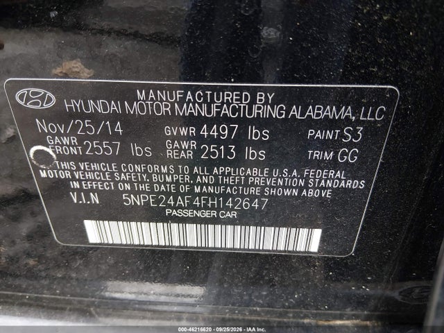 46216620 :رقم المزاد ، 5NPE24AF4FH142647 vin ، 2015 Hyundai Sonata Se مزاد بيع