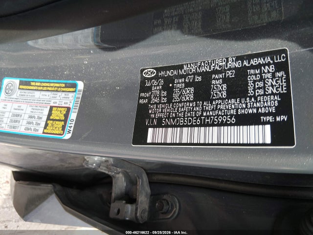 Продажа на аукционе авто 2026 Hyundai Tucson Sel, vin: 5NMJB3DE6TH759956, номер лота: 46216622