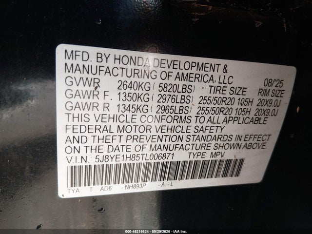 Auction sale of the 2026 Acura Mdx Advance Package, vin: 5J8YE1H85TL006871, lot number: 46216624