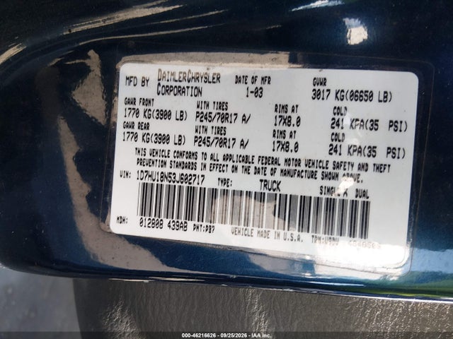 46216626 :رقم المزاد ، 1D7HU18N53J602717 vin ، 2003 Dodge Ram 1500 Slt/laramie/st مزاد بيع