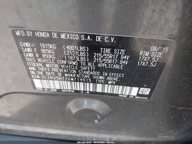 Aukcja sprzedaży 2016 Honda Hr-v Ex-l, vin: 3CZRU5H72GM714515, numer aukcji: 46216639