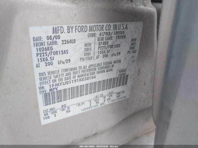 Продаж на аукціоні авто 2001 Ford Escape Xls, vin: 1FMYU01191KE58104, номер лоту: 46216640