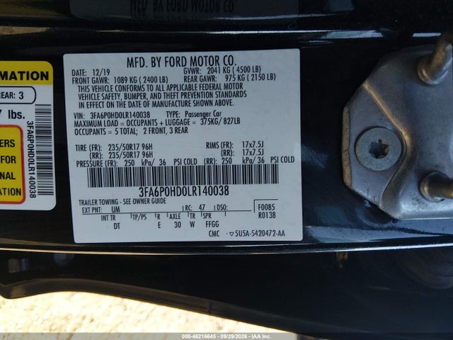 Продажа на аукционе авто 2020 Ford Fusion Se, vin: 3FA6P0HD0LR140038, номер лота: 46216645