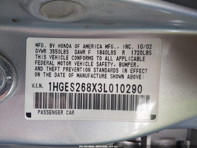 2003 Honda Civic Ex მანქანა იყიდება აუქციონზე, vin: 1HGES268X3L010290, აუქციონის ნომერი: 46216646