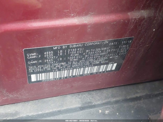 2019 Subaru Outback 2.5i Premium მანქანა იყიდება აუქციონზე, vin: 4S4BSAFC5K3264323, აუქციონის ნომერი: 46216661