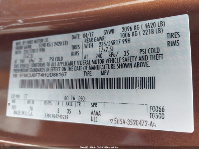 Ford ESCAPE S 2017 1FMCU0F74HUD86167 Image 9