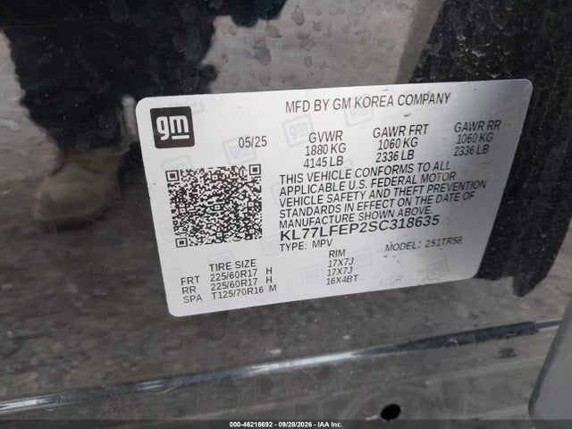 2025 Chevrolet Trax Fwd Ls მანქანა იყიდება აუქციონზე, vin: KL77LFEP2SC318635, აუქციონის ნომერი: 46216692