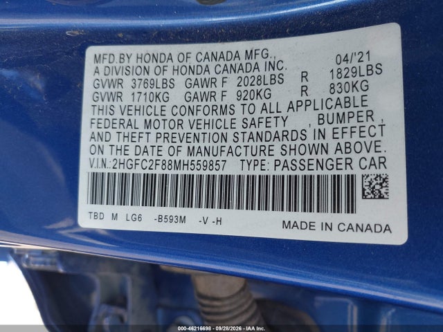 2021 Honda Civic Sport მანქანა იყიდება აუქციონზე, vin: 2HGFC2F88MH559857, აუქციონის ნომერი: 46216698