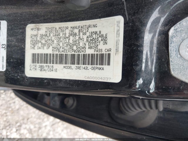 46216701 :رقم المزاد ، 5YFBU4EEXCP020243 vin ، 2012 Toyota Corolla Le مزاد بيع