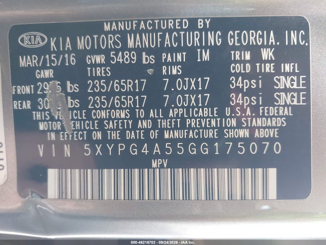 KIA Sorento 3.3l Lx 2016 5XYPG4A55GG175070 Image 9