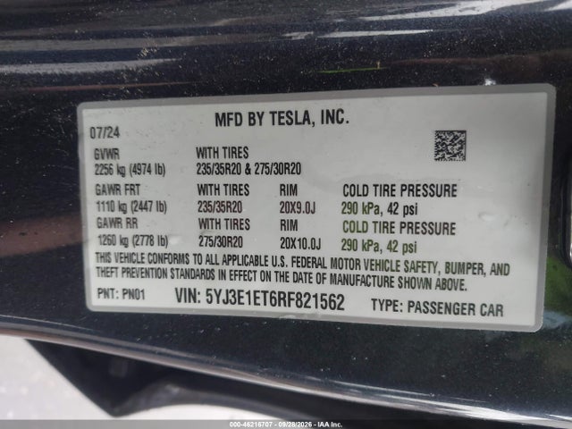 Aukcja sprzedaży 2024 Tesla Model 3 Performance All-wheel Drive, vin: 5YJ3E1ET6RF821562, numer aukcji: 46216707