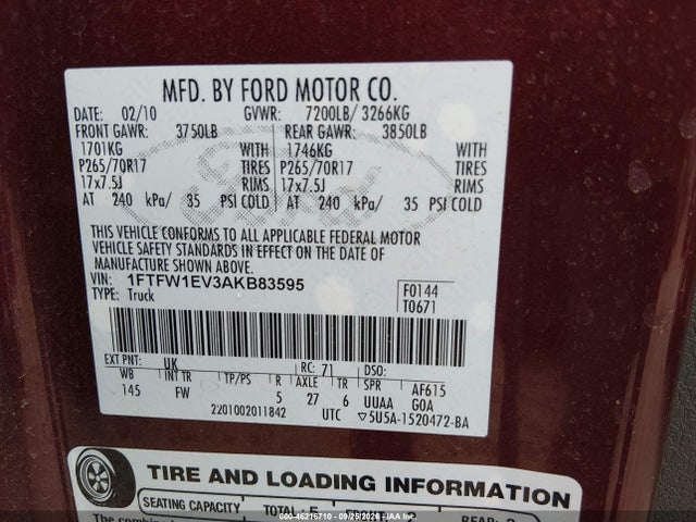 46216710 :رقم المزاد ، 1FTFW1EV3AKB83595 vin ، 2010 Ford F-150 Fx4/harley-davidson/king Ranch/lariat/platinum/xl/xlt مزاد بيع
