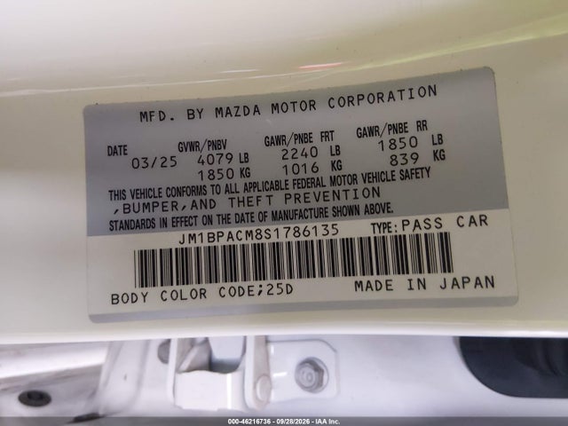 Продаж на аукціоні авто 2025 Mazda Mazda3 2.5 S Preferred, vin: JM1BPACM8S1786135, номер лоту: 46216736