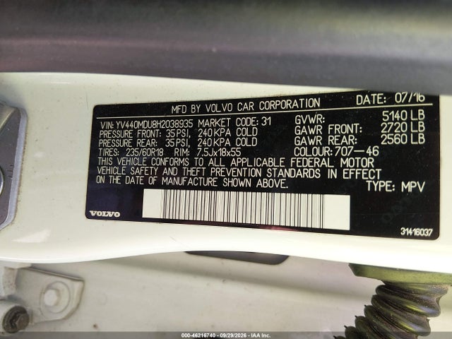 46216740 :رقم المزاد ، YV440MDU8H2038935 vin ، 2017 Volvo Xc60 T5 Inscription مزاد بيع