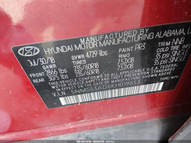 Aukcja sprzedaży 2019 Hyundai Santa Fe Limited, vin: 5NMS53AD6KH019653, numer aukcji: 46216745