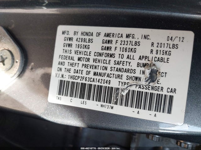 Aukcja sprzedaży 2012 Honda Accord 2.4 Se, vin: 1HGCP2F63CA142049, numer aukcji: 46216776