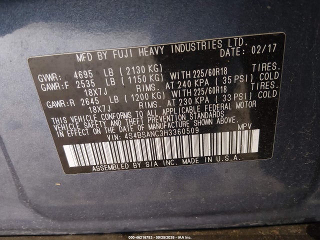 4S4BSANC3H3360509 Subaru Outback 2.5i Limited