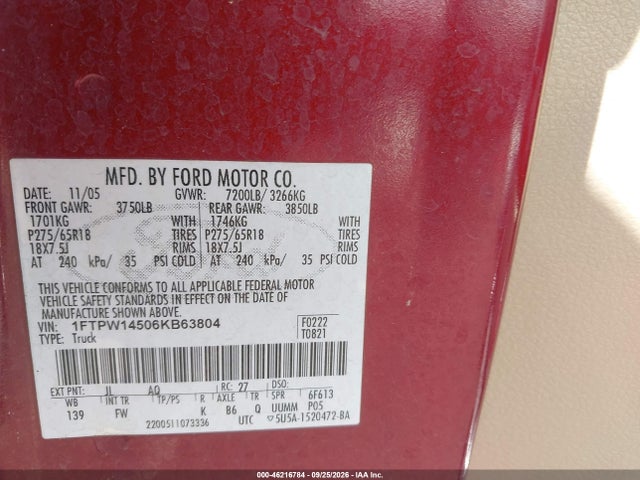 Продажа на аукционе авто 2006 Ford F-150 Fx4/lariat/xlt, vin: 1FTPW14506KB63804, номер лота: 46216784