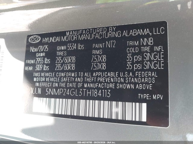 2026 Hyundai Santa Fe Sel მანქანა იყიდება აუქციონზე, vin: 5NMP24GL3TH184113, აუქციონის ნომერი: 46216799